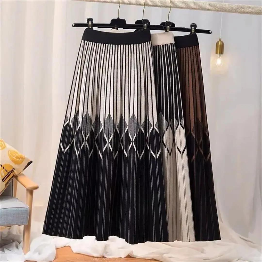 Women's Elastic High Waisted Striped Contrast Color Knitted Skirt Spring Autumn Elegant Pleated Midi Skirts