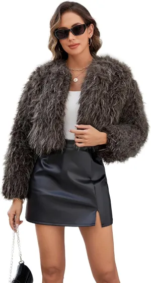 Womens Faux Fur Cropped Coats Long Sleeve Open Front Cardigan Top Fluffy Warm Outwear with Pocket