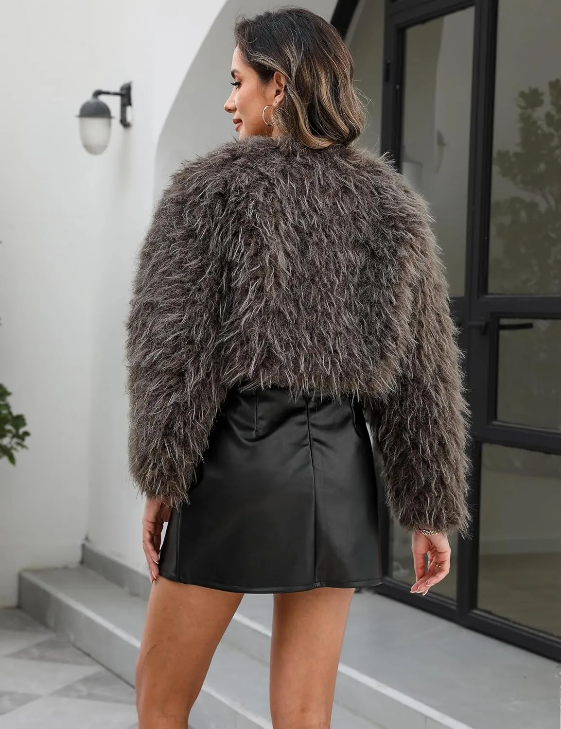 Womens Faux Fur Cropped Coats Long Sleeve Open Front Cardigan Top Fluffy Warm Outwear with Pocket