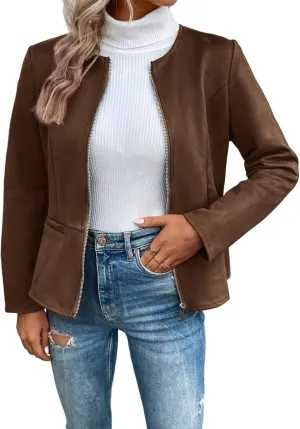 Womens Faux Fur Leather Jackets Casual Cropped Zip Up Motorcyle Jacket Lightweight Stand Collar Coats