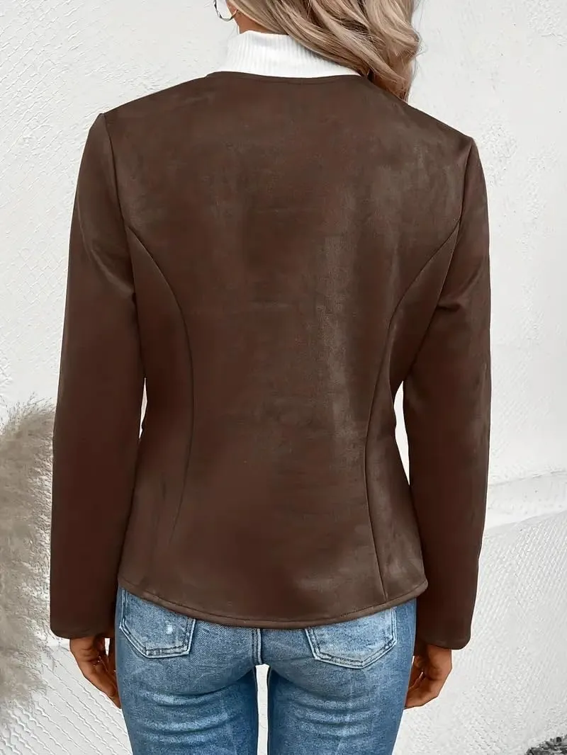 Womens Faux Fur Leather Jackets Casual Cropped Zip Up Motorcyle Jacket Lightweight Stand Collar Coats