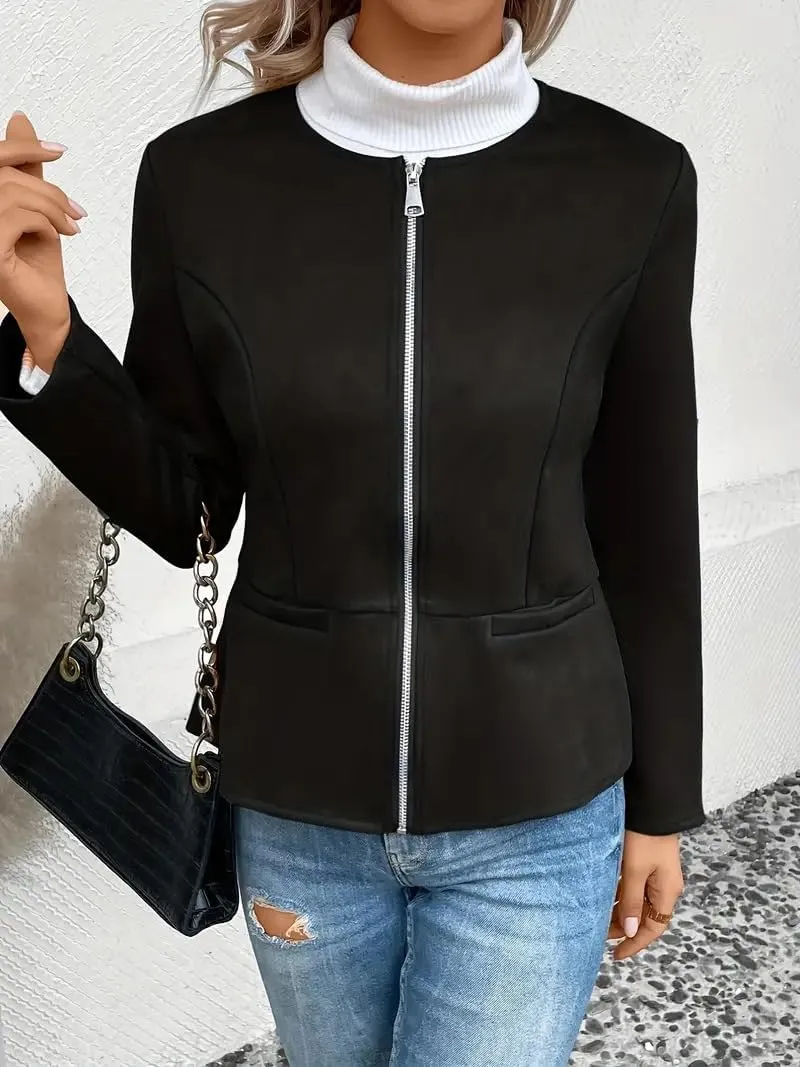 Womens Faux Fur Leather Jackets Casual Cropped Zip Up Motorcyle Jacket Lightweight Stand Collar Coats