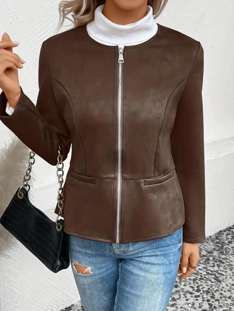 Womens Faux Fur Leather Jackets Casual Cropped Zip Up Motorcyle Jacket Lightweight Stand Collar Coats