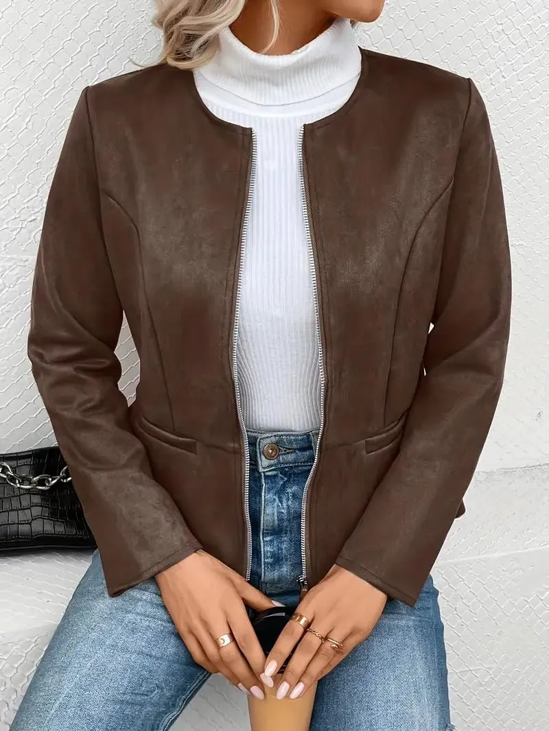 Womens Faux Fur Leather Jackets Casual Cropped Zip Up Motorcyle Jacket Lightweight Stand Collar Coats