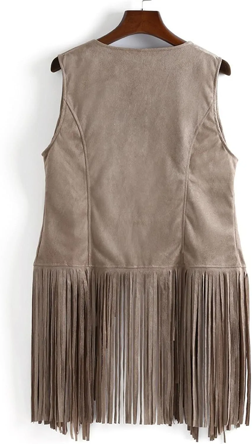 Womens Faux Suede Tassels Vest Vintage 70s Hippie Sleeveless Cowgirl Western Vest Open Front Cardigan Jackets