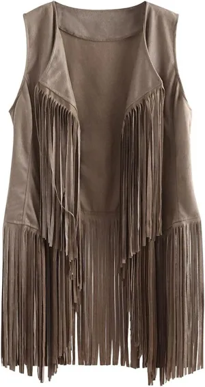 Womens Faux Suede Tassels Vest Vintage 70s Hippie Sleeveless Cowgirl Western Vest Open Front Cardigan Jackets