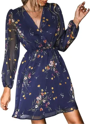 Women's Floral Print Chiffon A-Line Mini Dress Long Peasant Sleeves Spring Wedding Guest Dress Fit Tea Party Cocktail Dress