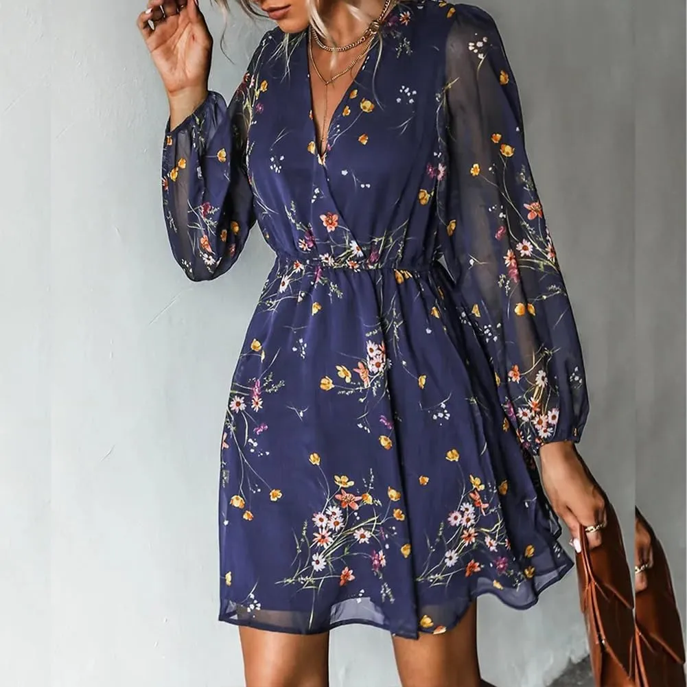 Women's Floral Print Chiffon A-Line Mini Dress Long Peasant Sleeves Spring Wedding Guest Dress Fit Tea Party Cocktail Dress