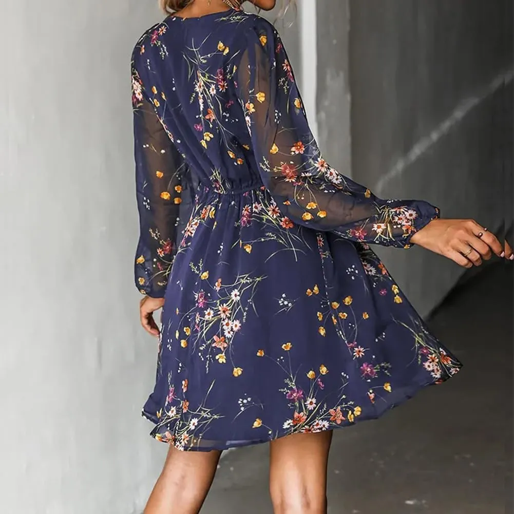 Women's Floral Print Chiffon A-Line Mini Dress Long Peasant Sleeves Spring Wedding Guest Dress Fit Tea Party Cocktail Dress