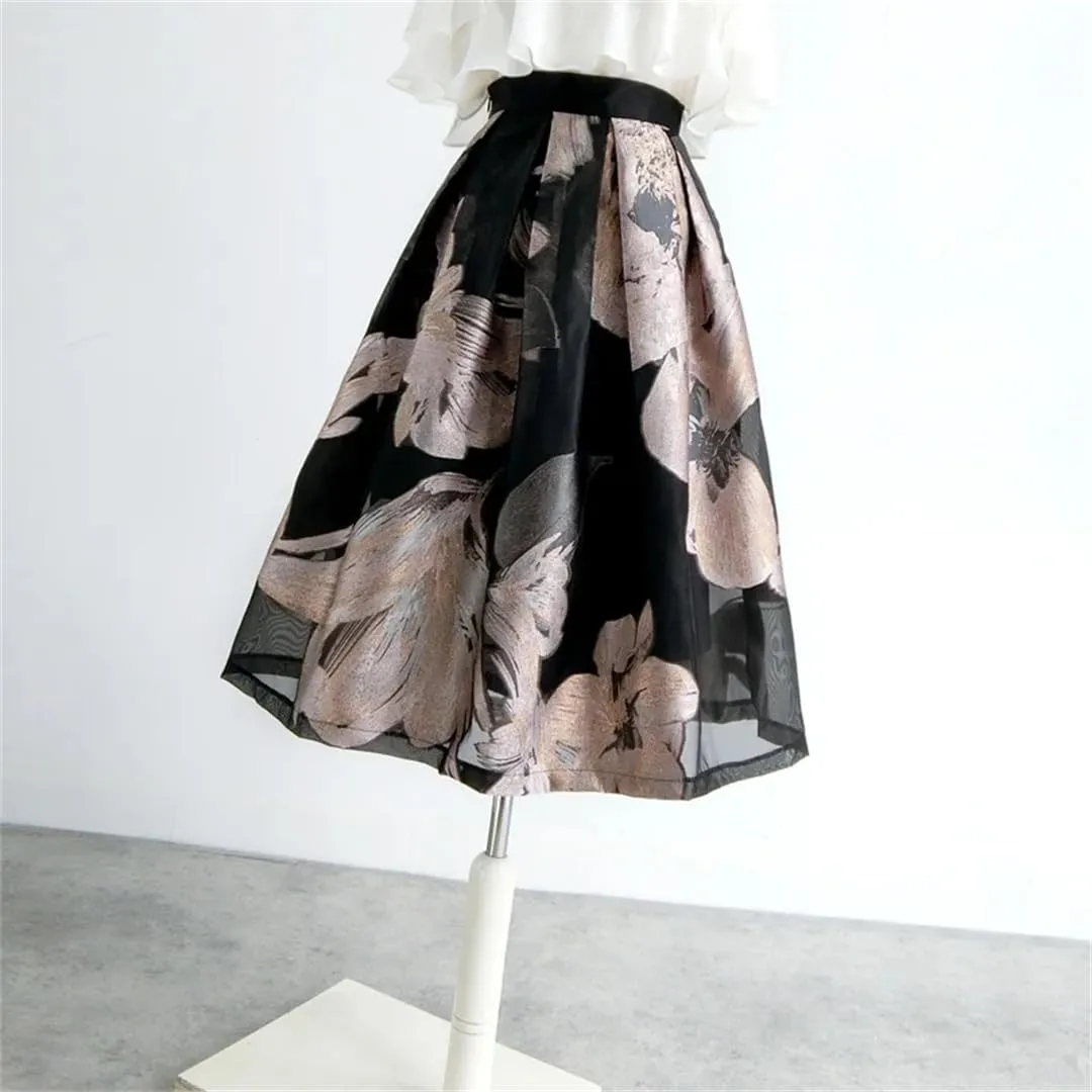Women's Flower Print Organza Skirt Elastic High Waist A-Line Skirt Pleated Midi Vinage Skirt