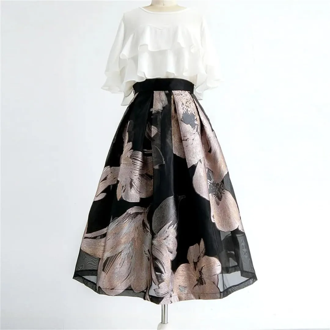 Women's Flower Print Organza Skirt Elastic High Waist A-Line Skirt Pleated Midi Vinage Skirt