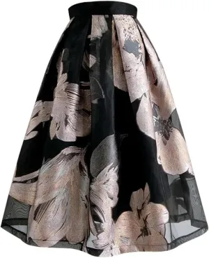 Women's Flower Print Organza Skirt Elastic High Waist A-Line Skirt Pleated Midi Vinage Skirt