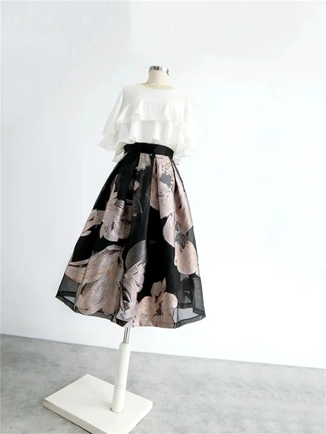 Women's Flower Print Organza Skirt Elastic High Waist A-Line Skirt Pleated Midi Vinage Skirt