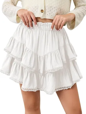 Womens Flowy Ruffle Tiered Skorts Elastic High Waist Lace Trim Mini Skirts Golf Tennis Crochet Shorts