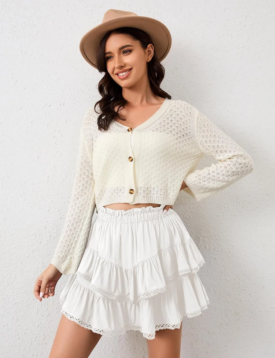 Womens Flowy Ruffle Tiered Skorts Elastic High Waist Lace Trim Mini Skirts Golf Tennis Crochet Shorts