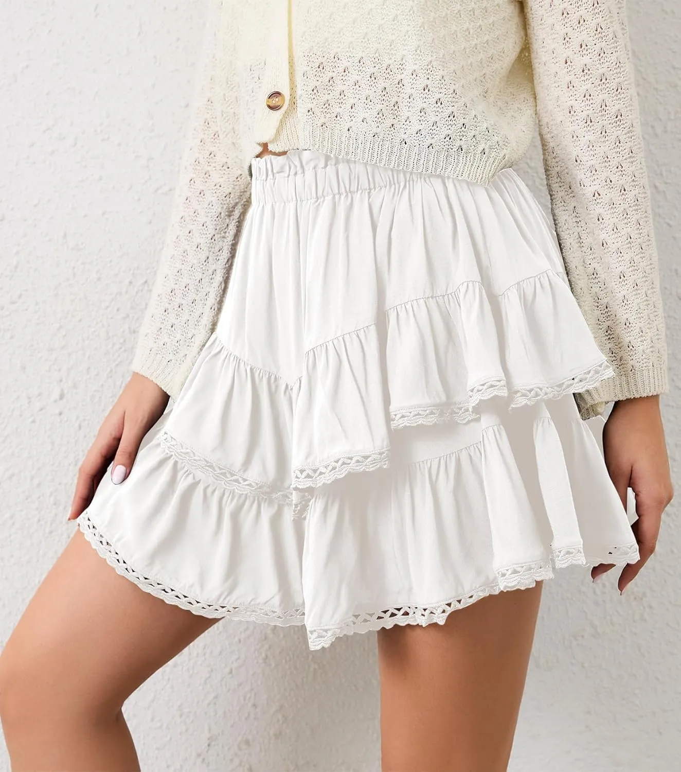Womens Flowy Ruffle Tiered Skorts Elastic High Waist Lace Trim Mini Skirts Golf Tennis Crochet Shorts
