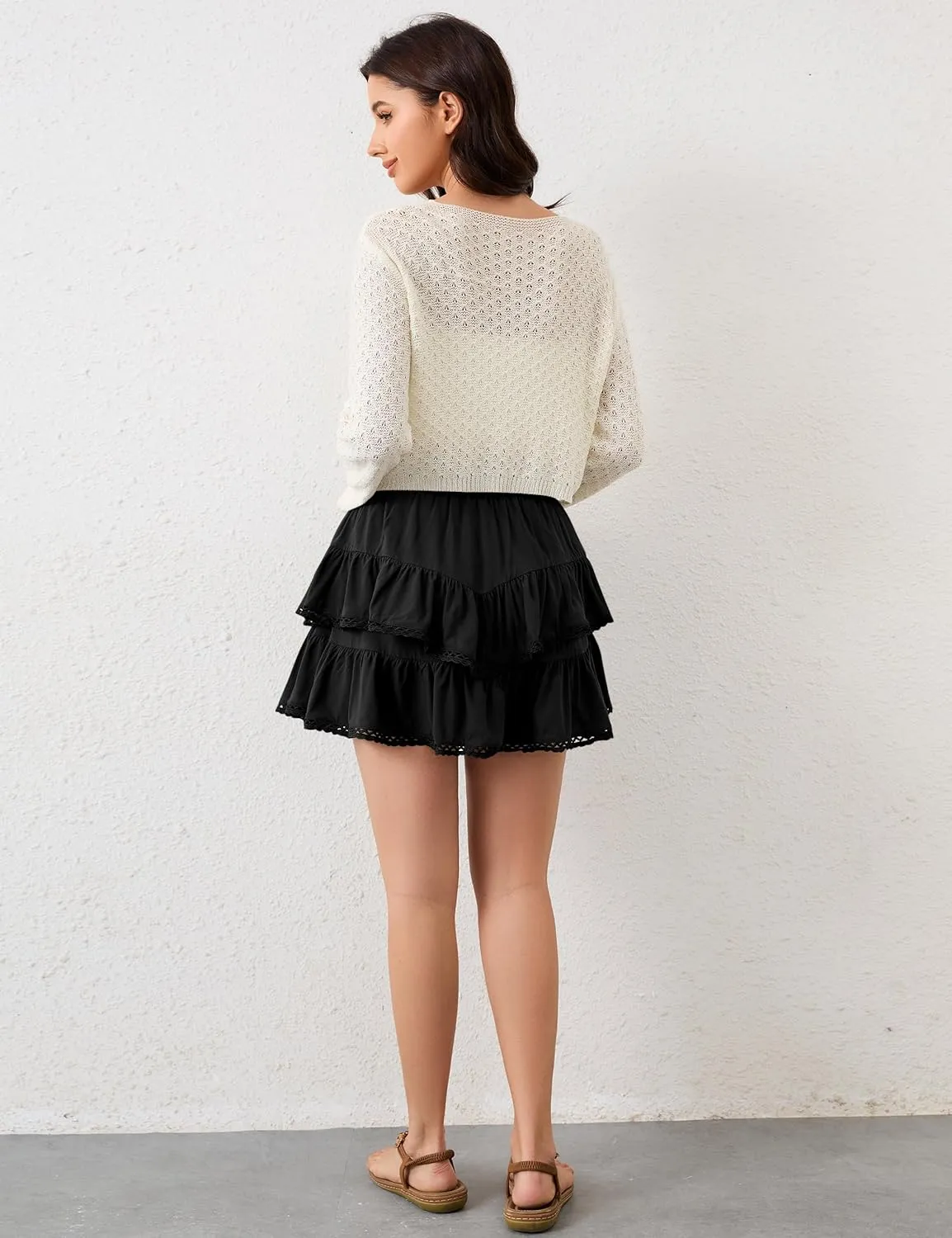 Womens Flowy Ruffle Tiered Skorts Elastic High Waist Lace Trim Mini Skirts Golf Tennis Crochet Shorts
