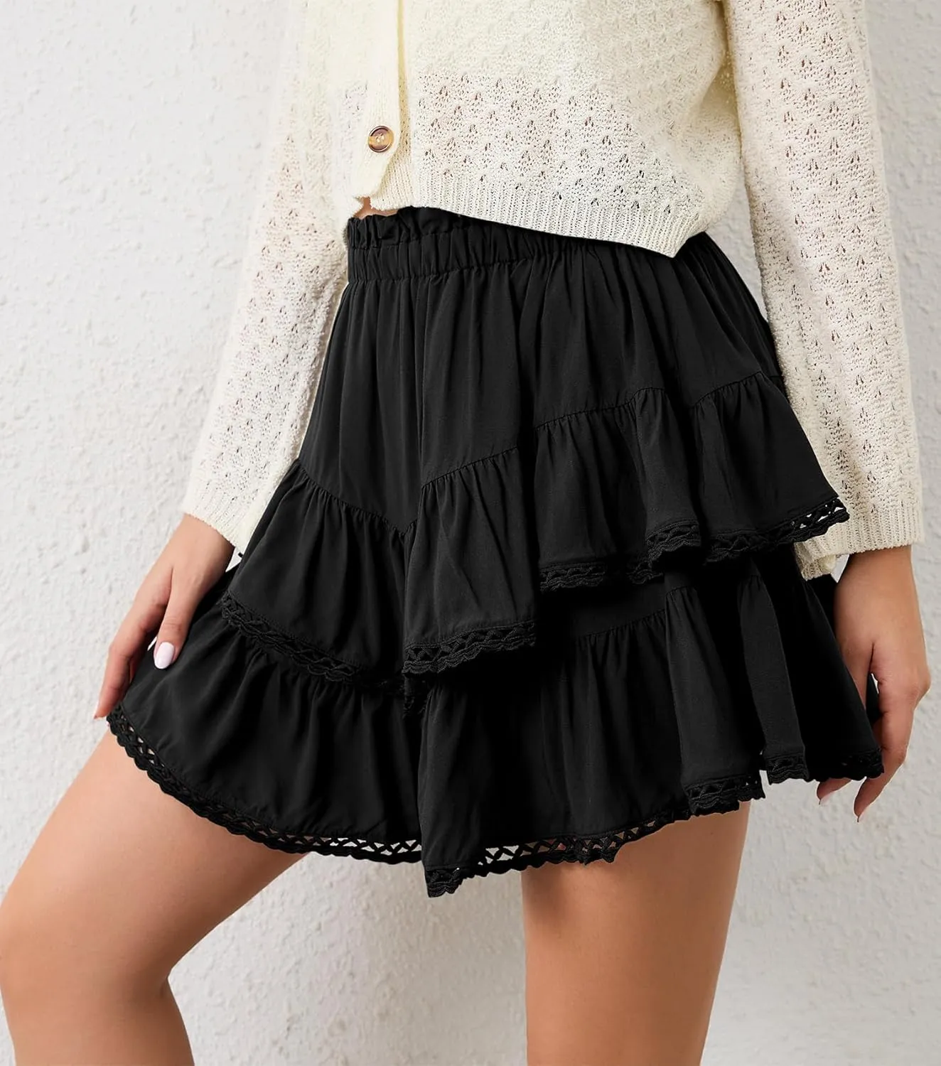 Womens Flowy Ruffle Tiered Skorts Elastic High Waist Lace Trim Mini Skirts Golf Tennis Crochet Shorts