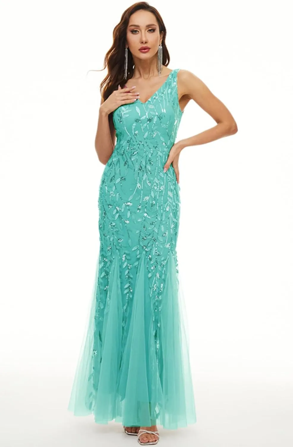 Womens Formal Dress Sleeveless V Neck Sequin Embroidery Mermaid Tulle Evening Dress