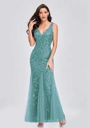 Womens Formal Dress Sleeveless V Neck Sequin Embroidery Mermaid Tulle Evening Dress