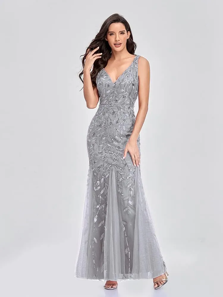 Womens Formal Dress Sleeveless V Neck Sequin Embroidery Mermaid Tulle Evening Dress
