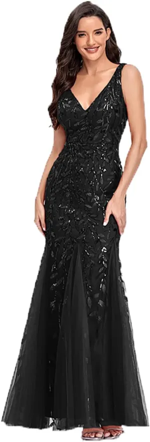 Womens Formal Dress Sleeveless V Neck Sequin Embroidery Mermaid Tulle Evening Dress