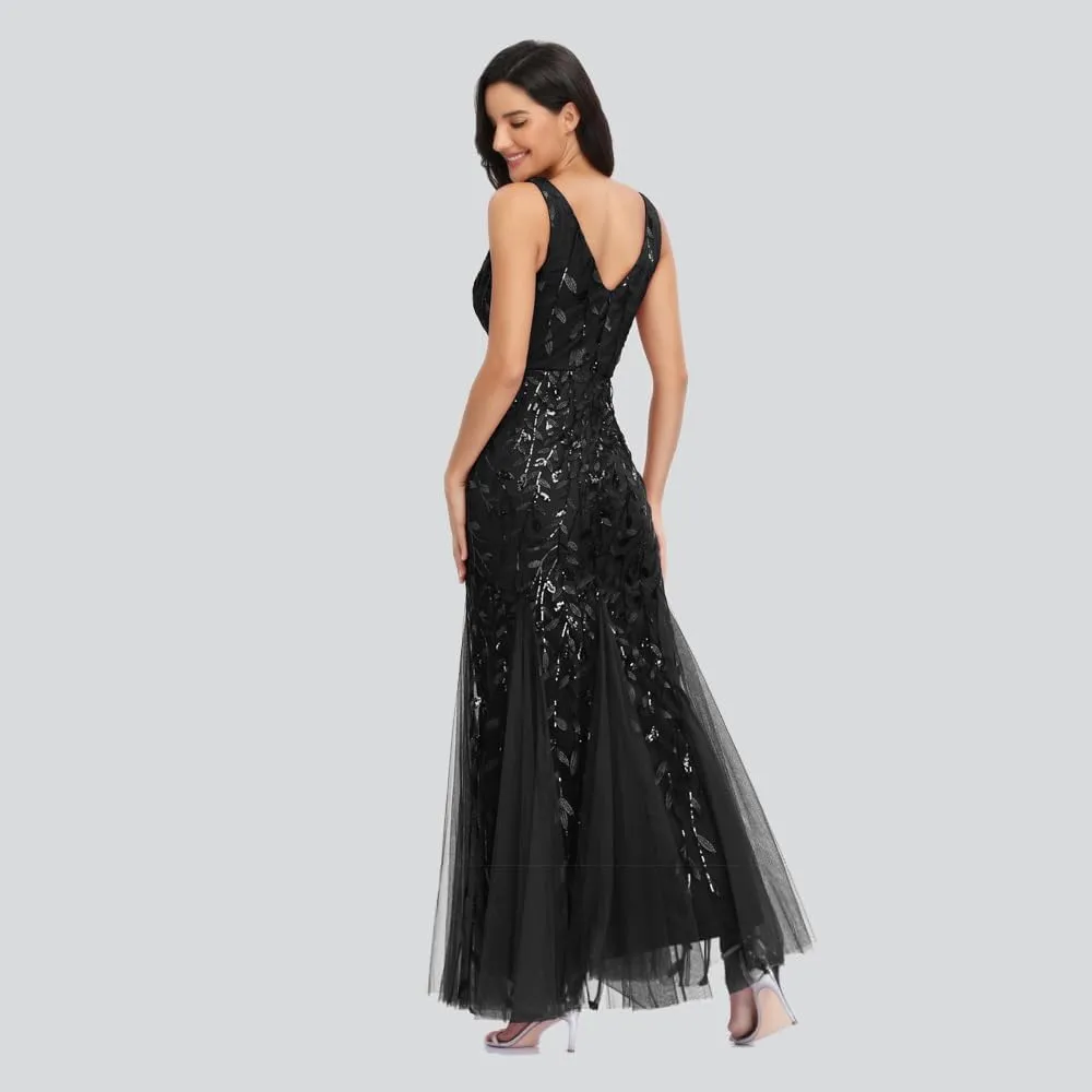 Womens Formal Dress Sleeveless V Neck Sequin Embroidery Mermaid Tulle Evening Dress