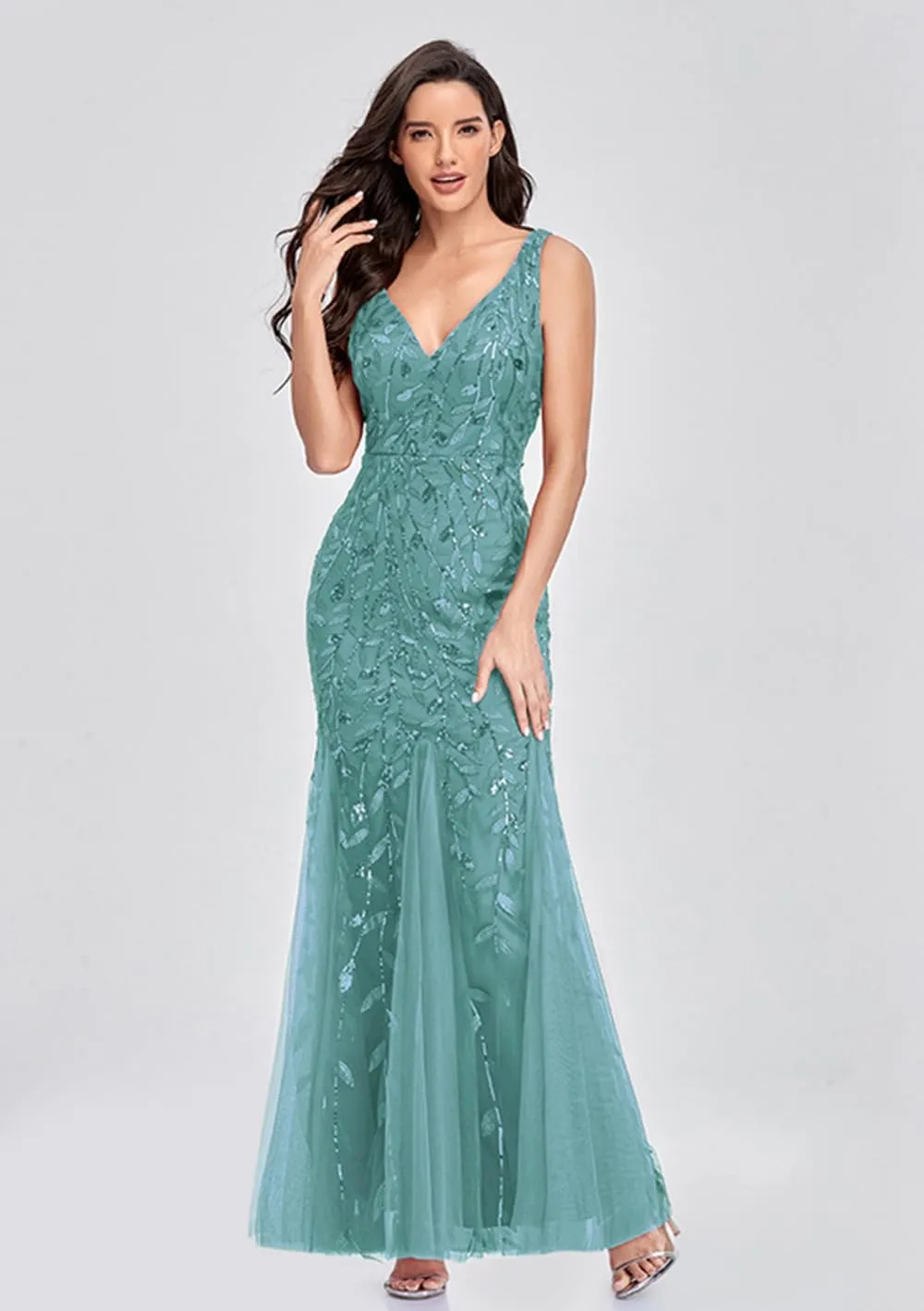 Womens Formal Dress Sleeveless V Neck Sequin Embroidery Mermaid Tulle Evening Dress
