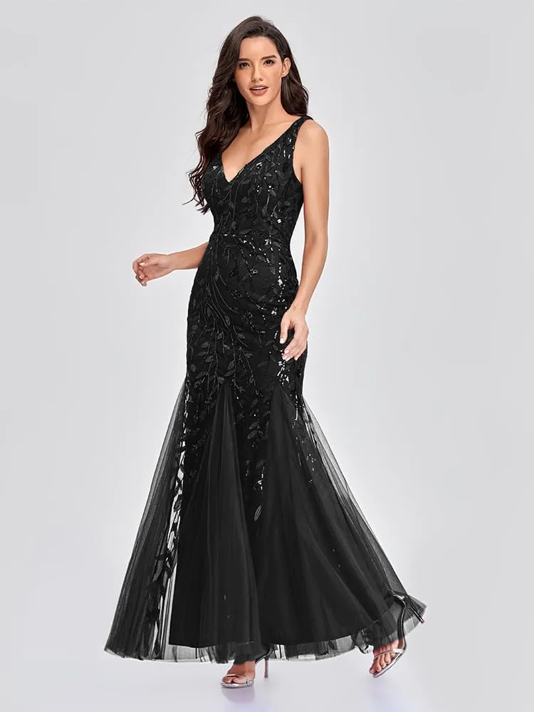 Womens Formal Dress Sleeveless V Neck Sequin Embroidery Mermaid Tulle Evening Dress