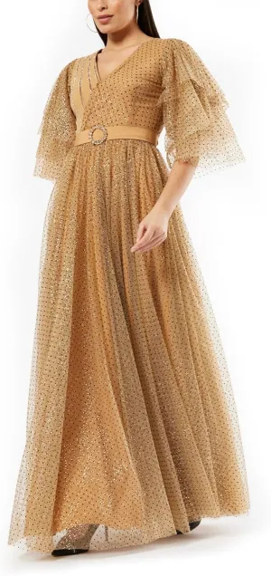 Women's Glitter Dot Tulle Maxi Dress  Wrap Gown with Butterfly Sleeves & Crystal Belt | Evening Dress