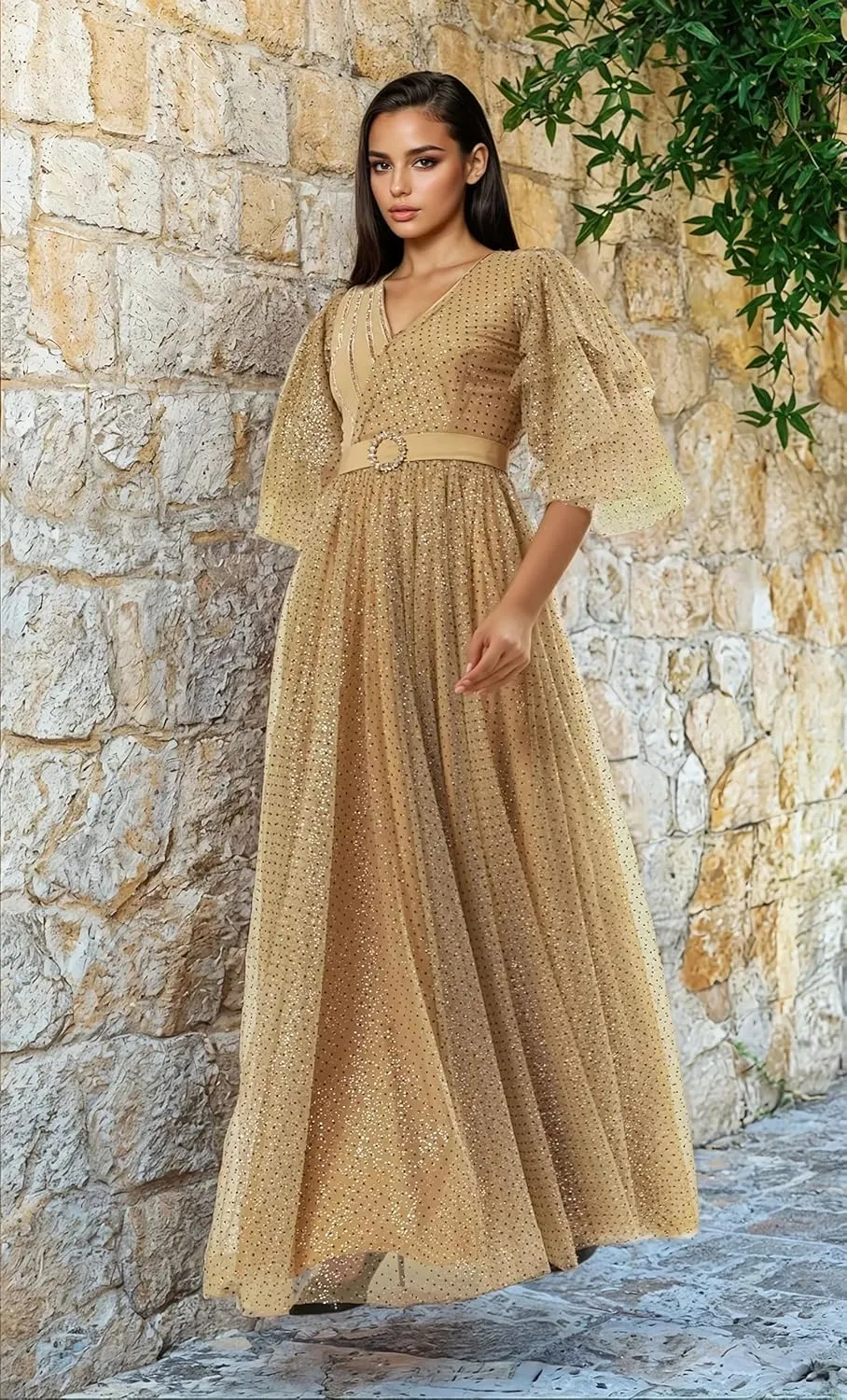 Women's Glitter Dot Tulle Maxi Dress  Wrap Gown with Butterfly Sleeves & Crystal Belt | Evening Dress