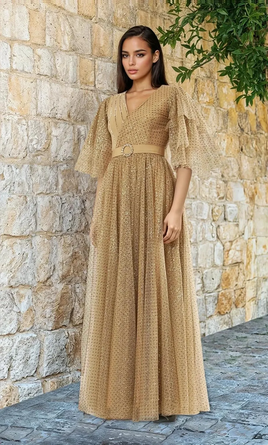 Women's Glitter Dot Tulle Maxi Dress  Wrap Gown with Butterfly Sleeves & Crystal Belt | Evening Dress