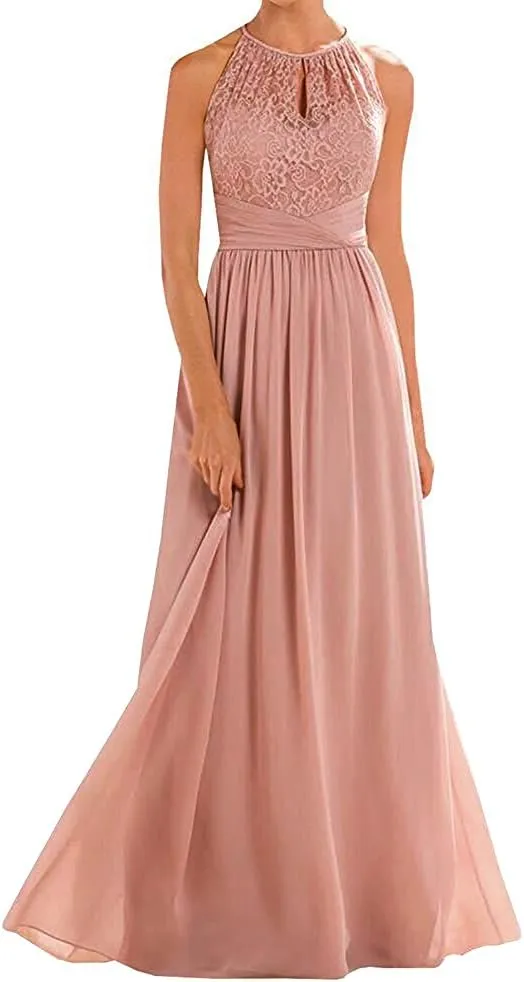 Women's Halter Lace A-Line Chiffon Floor-Length Bridesmaid Dress