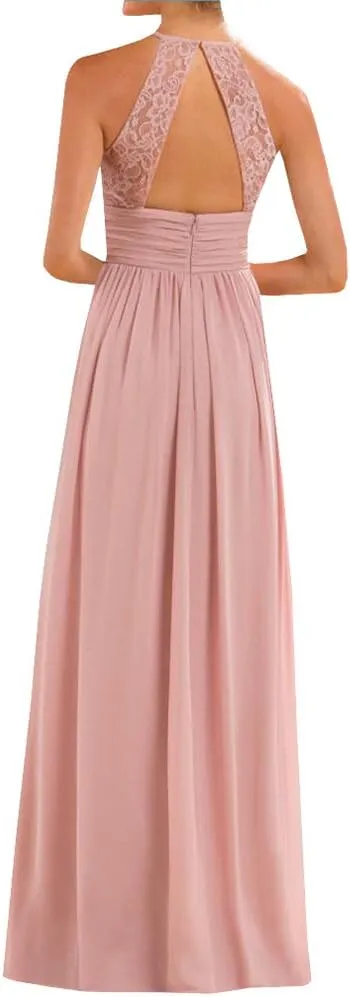 Women's Halter Lace A-Line Chiffon Floor-Length Bridesmaid Dress