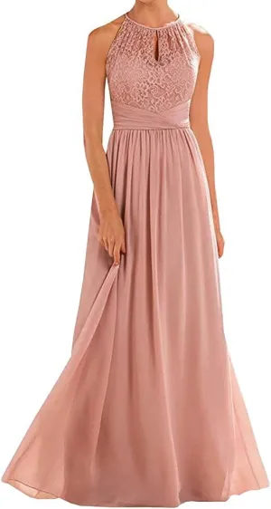 Women's Halter Lace A-Line Chiffon Floor-Length Bridesmaid Dress