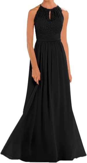 Women's Halter Lace A-Line Chiffon Floor-Length Bridesmaid Dress