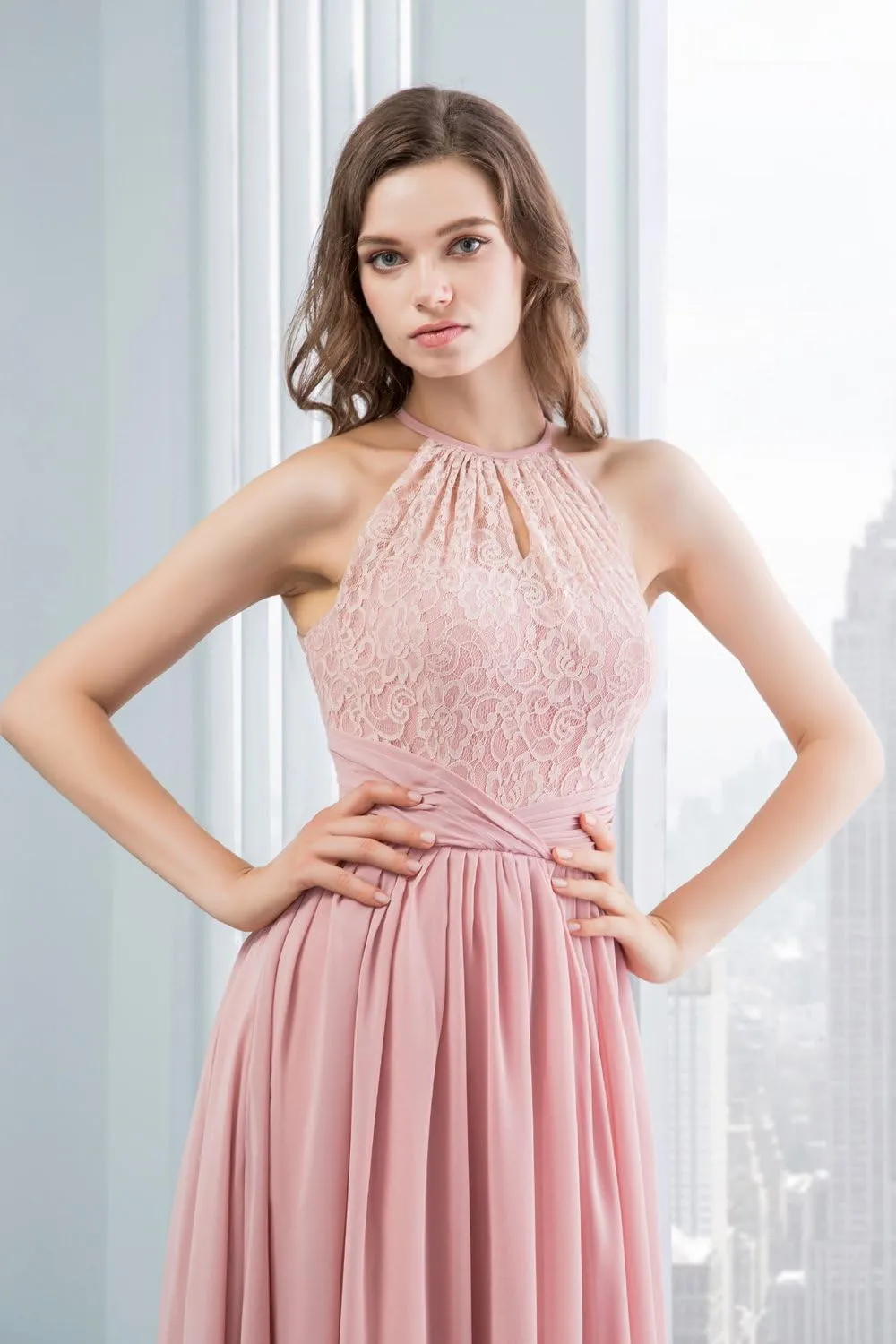 Women's Halter Lace A-Line Chiffon Floor-Length Bridesmaid Dress