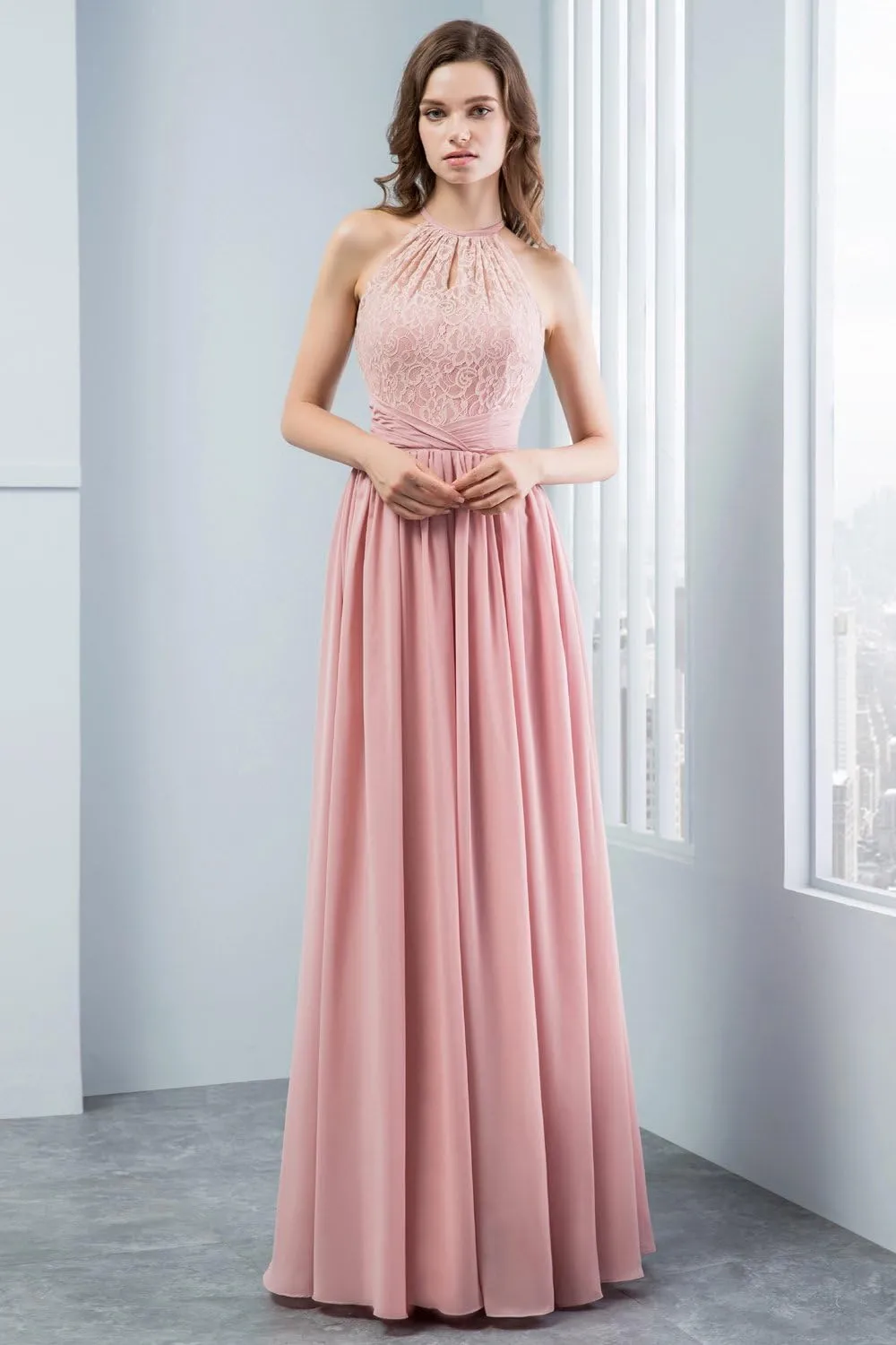 Women's Halter Lace A-Line Chiffon Floor-Length Bridesmaid Dress