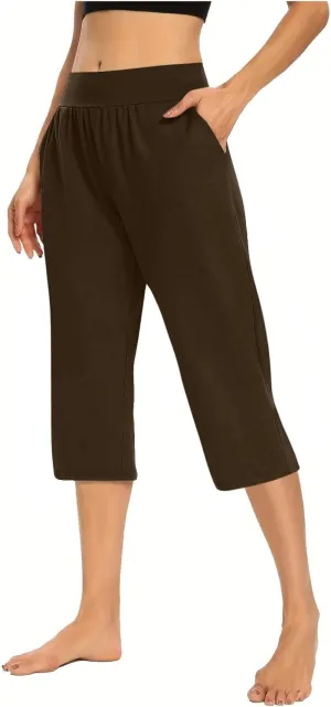 Women's High Elastic Capris Pant Workout Solid Cropped Yoga Sweatpant Stretch Straight Wide Leg Pants with Pocket