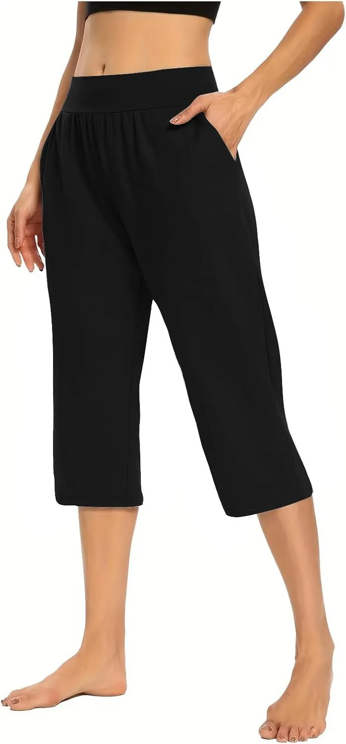 Women's High Elastic Capris Pant Workout Solid Cropped Yoga Sweatpant Stretch Straight Wide Leg Pants with Pocket