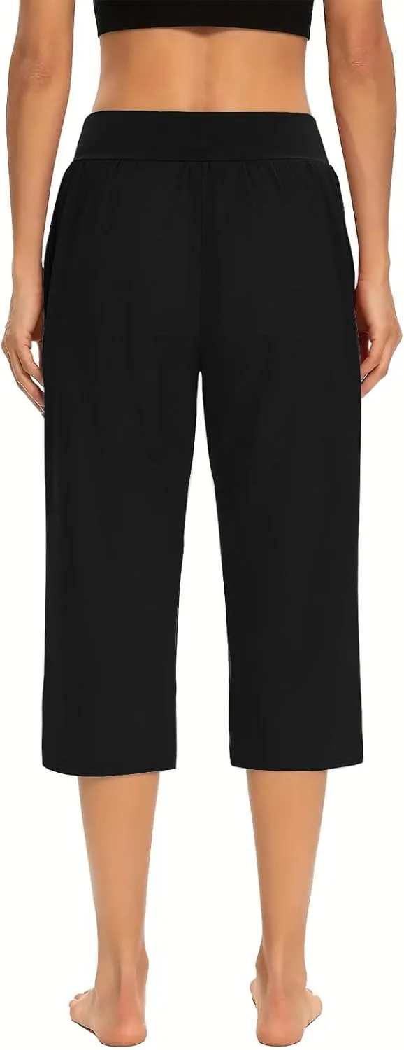 Women's High Elastic Capris Pant Workout Solid Cropped Yoga Sweatpant Stretch Straight Wide Leg Pants with Pocket