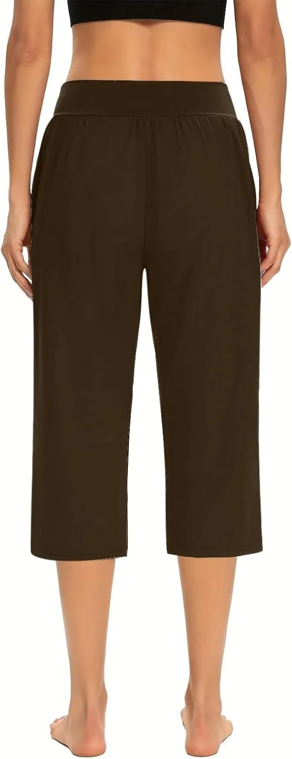 Women's High Elastic Capris Pant Workout Solid Cropped Yoga Sweatpant Stretch Straight Wide Leg Pants with Pocket