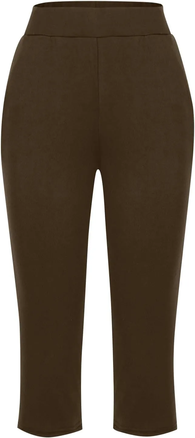Women's High Elastic Capris Pant Workout Solid Cropped Yoga Sweatpant Stretch Straight Wide Leg Pants with Pocket