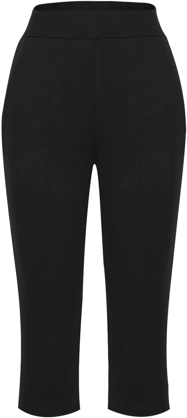 Women's High Elastic Capris Pant Workout Solid Cropped Yoga Sweatpant Stretch Straight Wide Leg Pants with Pocket