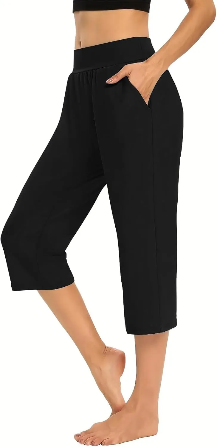 Women's High Elastic Capris Pant Workout Solid Cropped Yoga Sweatpant Stretch Straight Wide Leg Pants with Pocket
