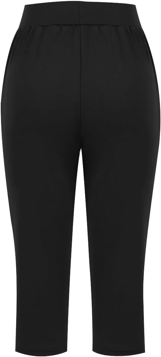 Women's High Elastic Capris Pant Workout Solid Cropped Yoga Sweatpant Stretch Straight Wide Leg Pants with Pocket