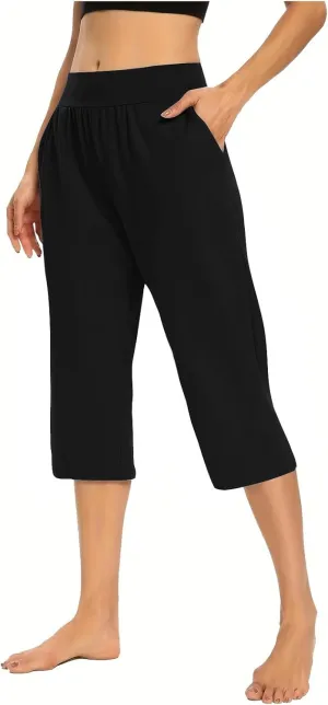 Women's High Elastic Capris Pant Workout Solid Cropped Yoga Sweatpant Stretch Straight Wide Leg Pants with Pocket