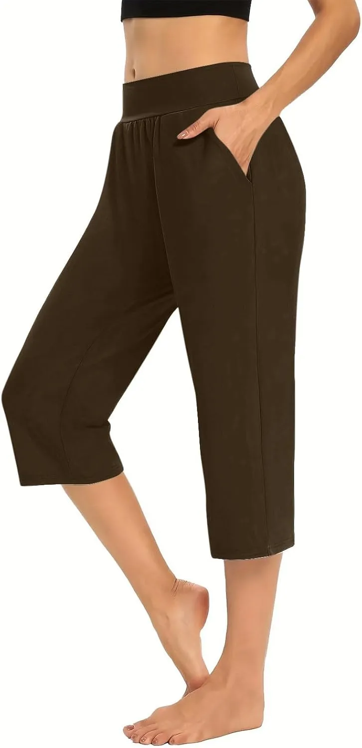 Women's High Elastic Capris Pant Workout Solid Cropped Yoga Sweatpant Stretch Straight Wide Leg Pants with Pocket