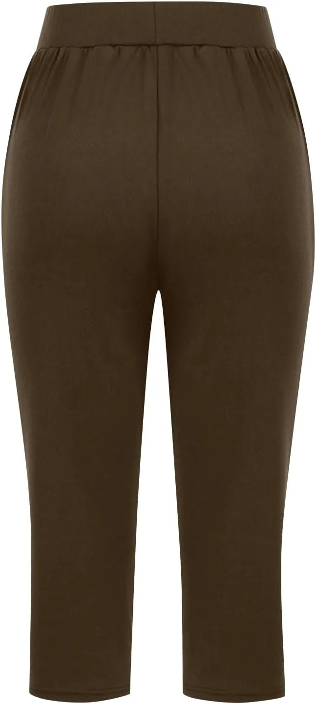 Women's High Elastic Capris Pant Workout Solid Cropped Yoga Sweatpant Stretch Straight Wide Leg Pants with Pocket