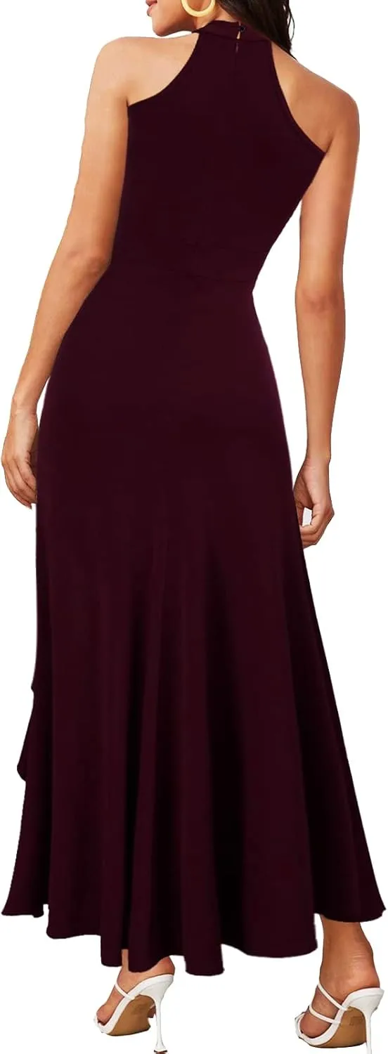 Women's High Neck Split Bodycon Mermaid Evening Cocktail Long Dress